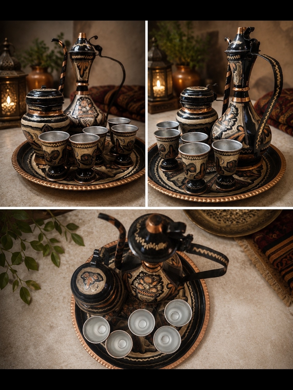 Traditional Decorative Coffee/Tea Serving Set - Black and Copper